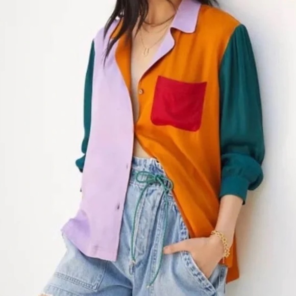 Farm Rio for Anthropologie Puff Sleeve Colorblock Button Down Shirt - Picture 7 of 8